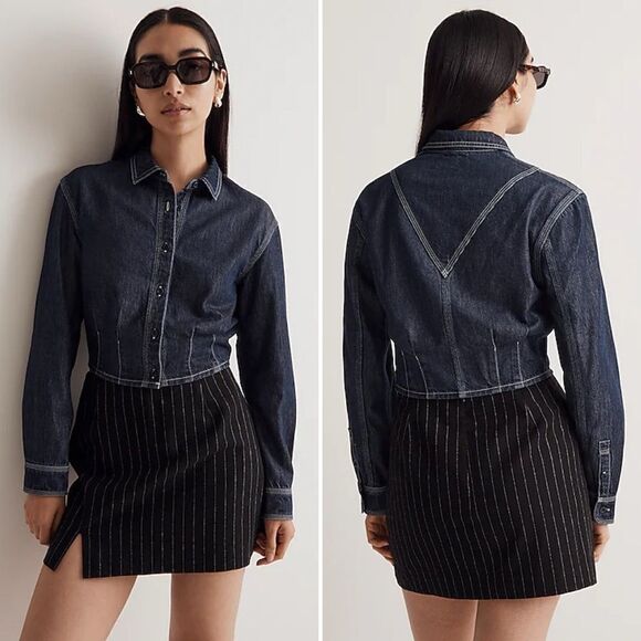 Madewell Denim Pleated Cropped Button-Up Shirt - NWT! - Picture 1 of 6
